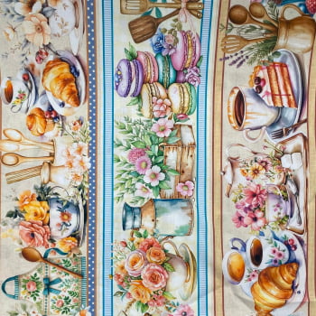 Tecido Tricoline Digital Barrado Flores Café Doces e Utensilios