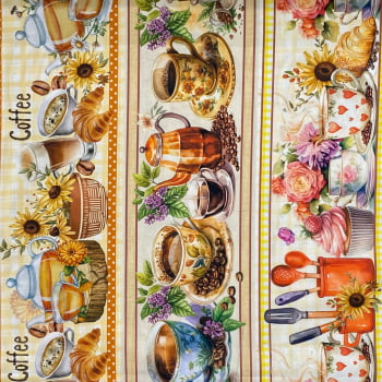 Tecido Tricoline Digital Barrado Flores Café Doces e Utensilios