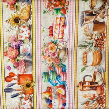 Tecido Tricoline Digital Barrado Flores Café Doces e Utensilios