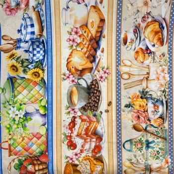 Tecido Tricoline Digital Barrado Flores Café Doces e Utensilios