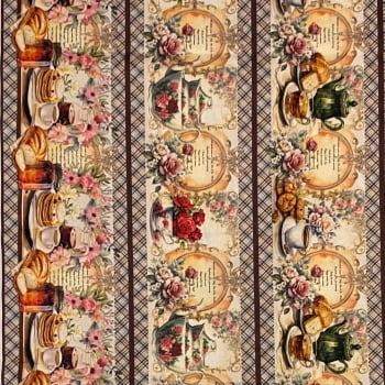 Tecido Tricoline Digital Barrado Flores Louças e Café