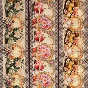 Tecido Tricoline Digital Barrado Flores Louças e Café