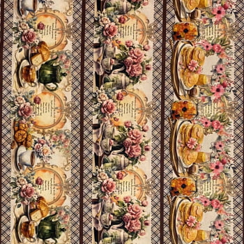 Tecido Tricoline Digital Barrado Flores Louças e Café