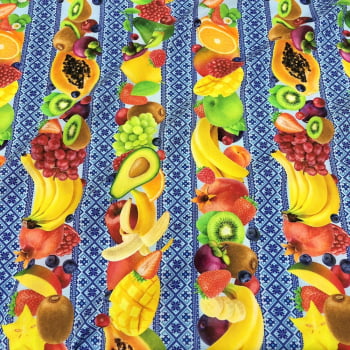 Tecido Tricoline Digital Barrado Frutas Coloridas e Azulejo Portugues