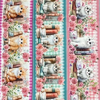 Tecido Tricoline Digital Barrado Gatos Gatinhos e Livros