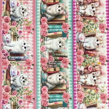 Tecido Tricoline Digital Barrado Gatos Gatinhos e Livros