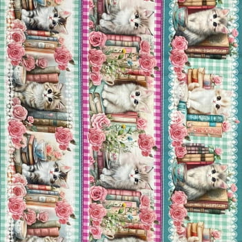 Tecido Tricoline Digital Barrado Gatos Gatinhos e Livros