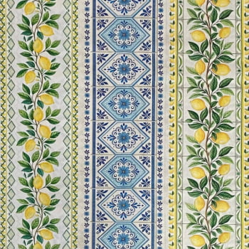 Tecido Tricoline Digital Barrado Limão Siciliano Azulejo Azul