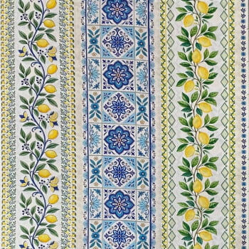 Tecido Tricoline Digital Barrado Limão Siciliano Azulejo Azul