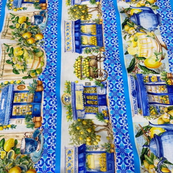 Tecido Tricoline Digital Barrado Limão Siciliano Azulejo Português Azul