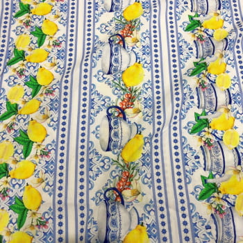 Tecido Tricoline Digital Barrado Limão Siciliano Xicaras e Azulejo Portugues