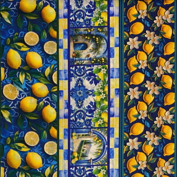 Tecido Tricoline Digital Barrado 3D Limão Siliciano e Azulejo Portugues 
