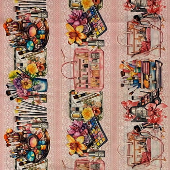 Tecido Tricoline Digital Barrado Maquiagens e Flores Rosa