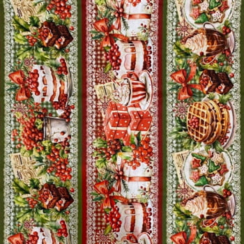 Tecido Tricoline Digital Barrado Mnhã de Natal Doce e Azevinhos
