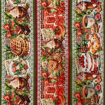 Tecido Tricoline Digital Barrado Mnhã de Natal Doce e Azevinhos