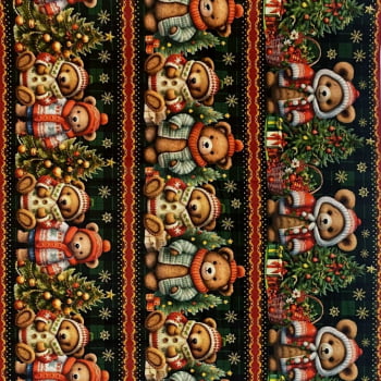 Tecido Tricoline Digital Barrado Natal da Família Urso