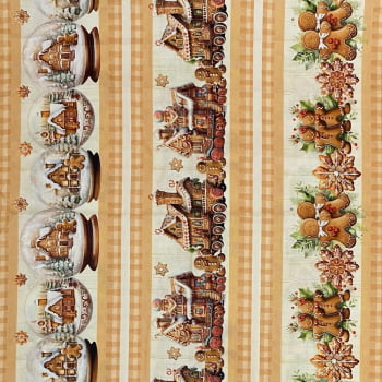 Tecido Tricoline Digital Barrado Natal Gingerbread Biscoitos de Gengibre e Doces Bege