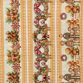 Tecido Tricoline Digital Barrado Natal Gingerbread Biscoitos de Gengibre e Doces Bege