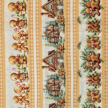 Tecido Tricoline Digital Barrado Natal Gingerbread Biscoitos de Gengibre e Doces Bege
