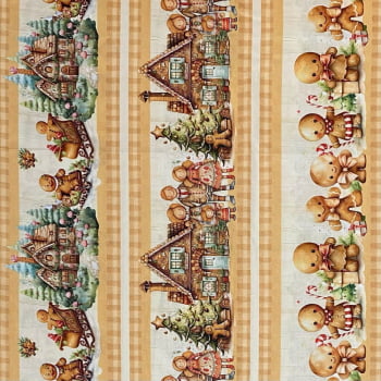 Tecido Tricoline Digital Barrado Natal Gingerbread Biscoitos de Gengibre e Doces Bege