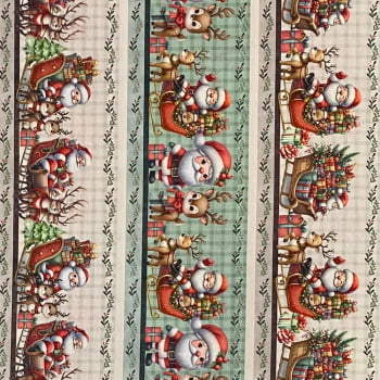 Tecido Tricoline Digital Barrado Natal Papai Noel no Treno Tecido Tricoline Digital Barrado Natal Papai Noel no Treno