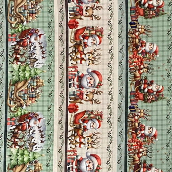 Tecido Tricoline Digital Barrado Natal Papai Noel no Treno