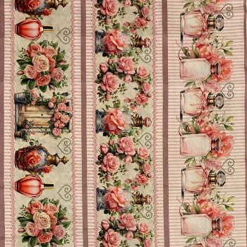 Tecido Tricoline Digital Barrado Perfumes e Flores Rosa 