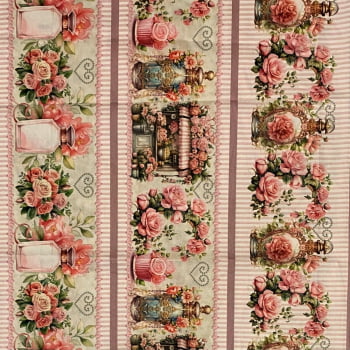 Tecido Tricoline Digital Barrado Perfumes e Flores Rosa 