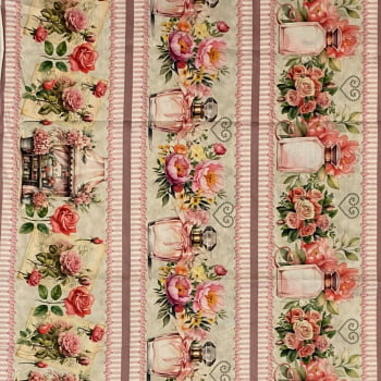 Tecido Tricoline Digital Barrado Perfumes e Flores Rosa 