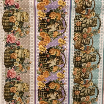 Tecido Tricoline Digital Barrado Pet Cesta Florida de Gatinhos