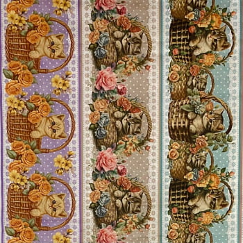 Tecido Tricoline Digital Barrado Pet Cesta Florida de Gatinhos