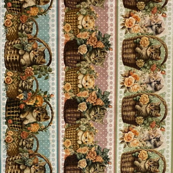 Tecido Tricoline Digital Barrado Pet Cesta Florida de Gatinhos