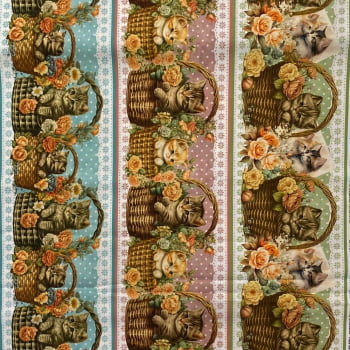 Tecido Tricoline Digital Barrado Pet Cesta Florida de Gatinhos