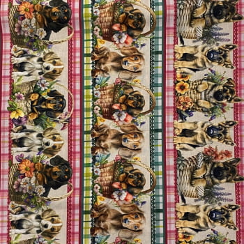 Tecido Tricoline Digital Barrado Pets Cesta Florida de Cachorrinhos 