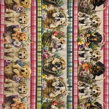 Tecido Tricoline Digital Barrado Pets Cesta Florida de Cachorrinhos 