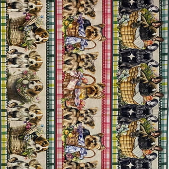 Tecido Tricoline Digital Barrado Pets Cesta Florida de Cachorrinhos 