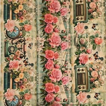 Tecido Tricoline Digital Barrado Rosas E Relógios Vintage