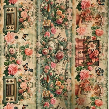 Tecido Tricoline Digital Barrado Rosas E Relógios Vintage