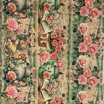 Tecido Tricoline Digital Barrado Rosas E Relógios Vintage