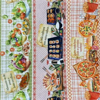 Tecido Tricoline Digital Barrado Semaninha Culinária Cultural