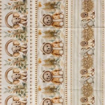 Tecido Tricoline Digital Barrado Ursinhos e Elefantes Coleção Dupla Fofura