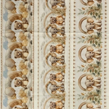 Tecido Tricoline Digital Barrado Ursinhos e Elefantes Coleção Dupla Fofura