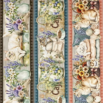 Tecido Tricoline Digital Barrado Vida de Gatinhos Gatos Colorido