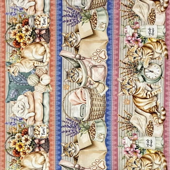 Tecido Tricoline Digital Barrado Vida de Gatinhos Gatos Colorido