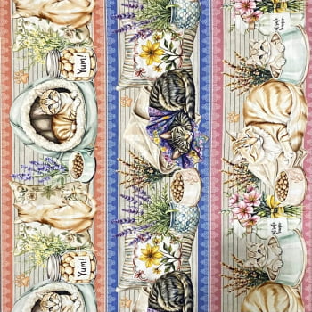 Tecido Tricoline Digital Barrado Vida de Gatinhos Gatos Colorido