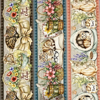 Tecido Tricoline Digital Barrado Vida de Gatinhos Gatos Colorido