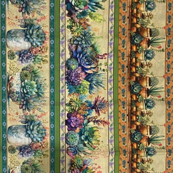 Tecido Tricoline Digital Barrados Arranjo de Suculentas Tecido Tricoline Digital Barrados Arranjo de Suculentas