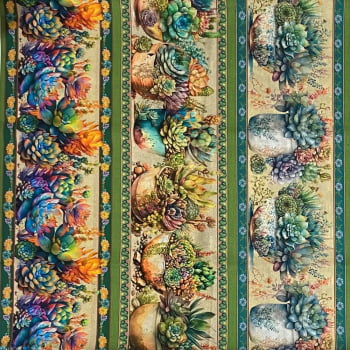 Tecido Tricoline Digital Barrados Arranjo de Suculentas