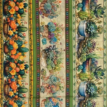 Tecido Tricoline Digital Barrados Arranjo de Suculentas