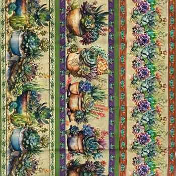 Tecido Tricoline Digital Barrados Arranjo de Suculentas